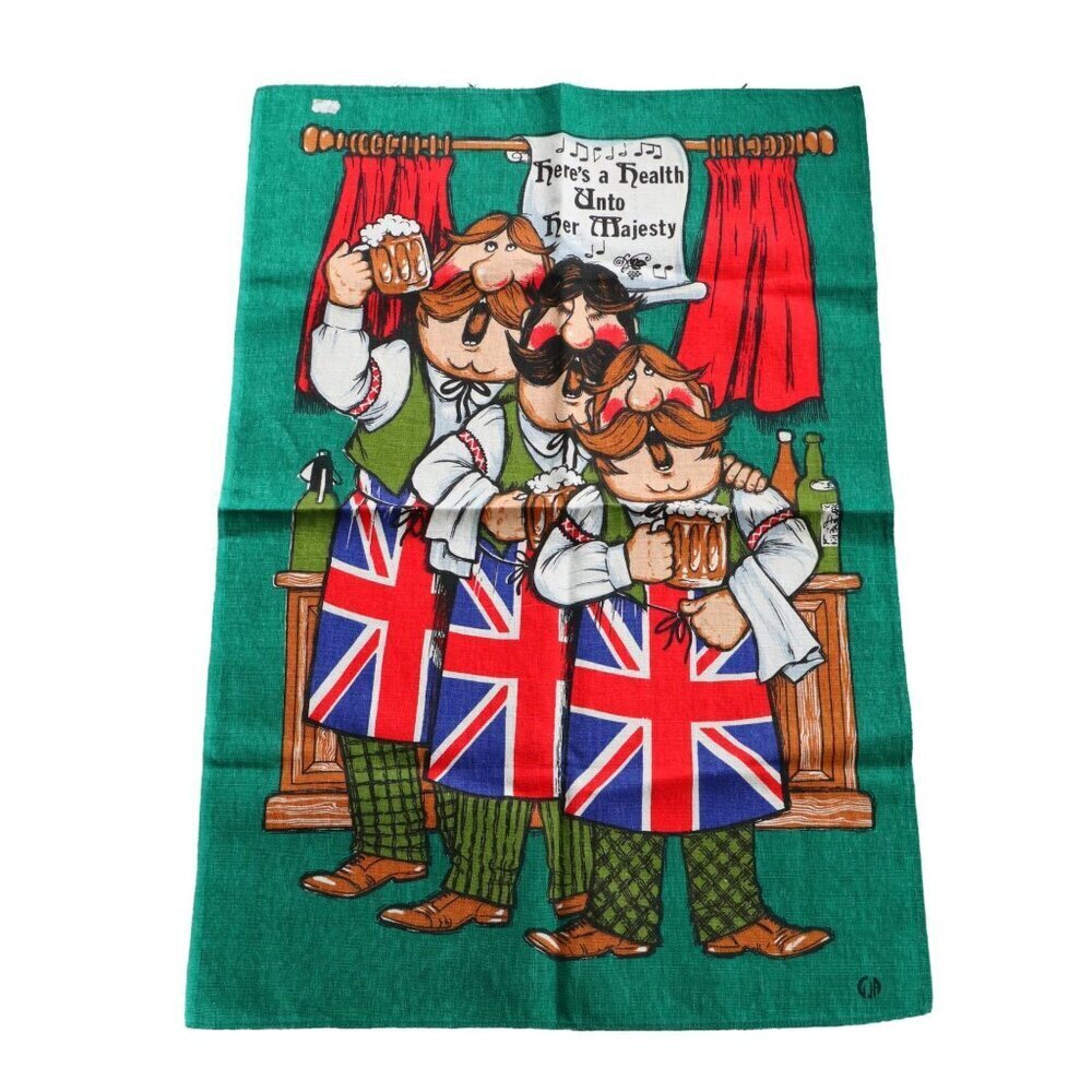 Vintage Souvenir Tea Towel Royalty Barmen Majesty Toast Linen Blend 1970s